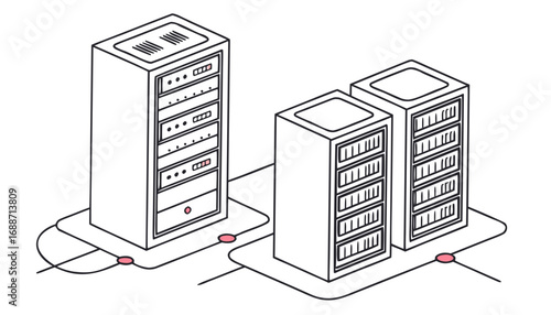 Isometric illustration of server racks connected by cables representing data center infrastructure and technology