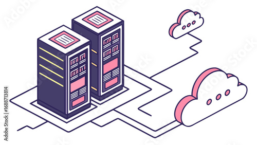 Isometric illustration of server racks connected to cloud computing services with a modern flat design style