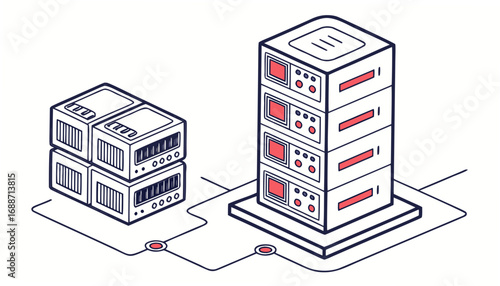 Isometric illustration of stacked server racks and computer hardware connected by network lines