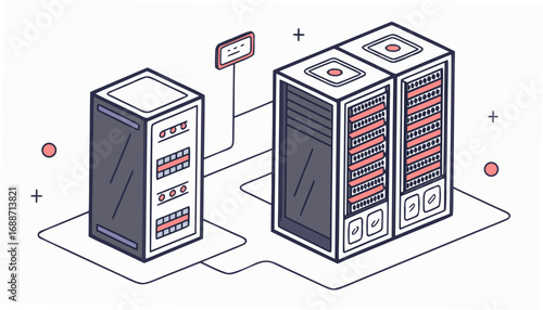 Isometric illustration of server racks and data center equipment connected by cables and lines