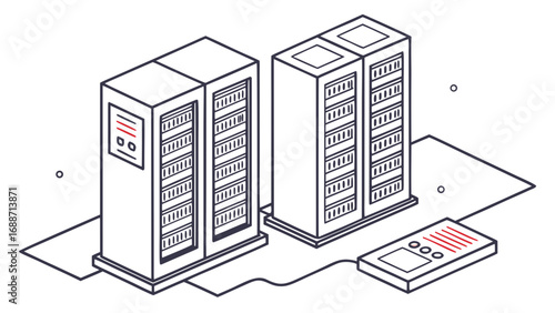 Isometric illustration of two server racks connected to a control panel with red accents on a white background