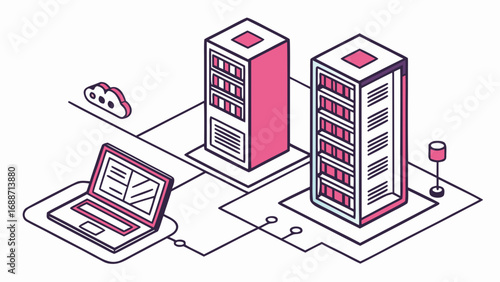 Isometric illustration of two server racks connected to a laptop and a cloud symbol representing data center technology
