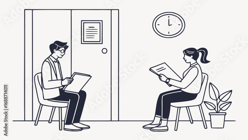 Man and woman sitting in chairs in a waiting room holding documents and reading