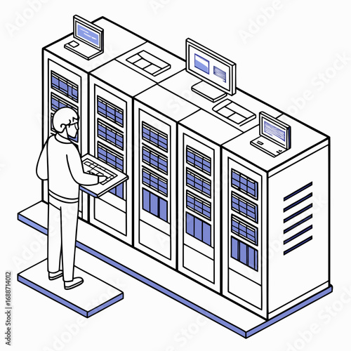 It professional working on server racks with laptops and monitors in a data center environment