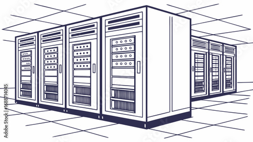 Modern data center server racks in a clean minimalist line art illustration style