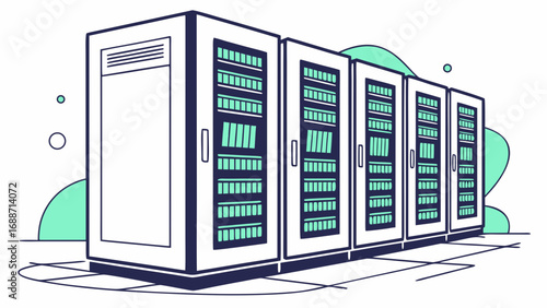 Modern data center server racks lined up in a row with abstract shapes and clean design