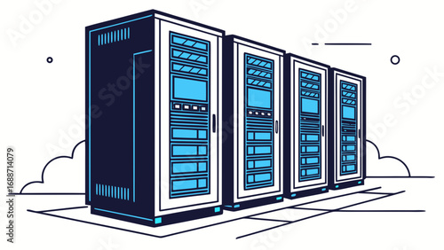 Modern data center server racks lined up in a clean minimalist illustration with blue accents