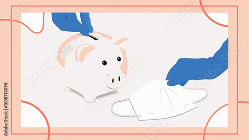 Piggy bank and face mask illustration financial planning during pandemic healthcare costs savings protection safety money economy.