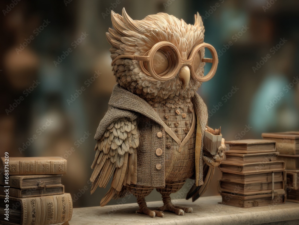Naklejka premium Wise Owl Professor with Books in Vintage Style