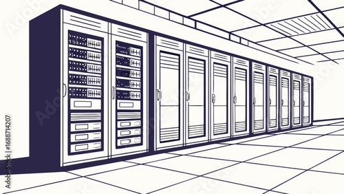 Modern data center with rows of server racks and a tiled floor in a minimalist line art style