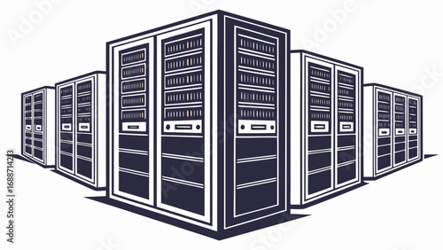 Modern data center with multiple server racks arranged in a perspective view on a white background