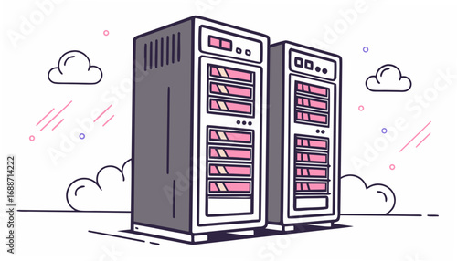 Modern data center servers with cloud icons and abstract digital elements in a clean illustration style