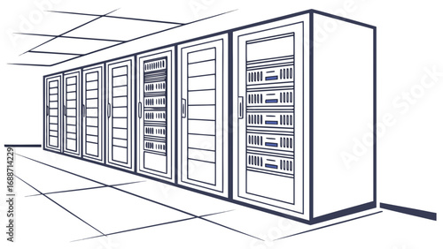 Modern data center with rows of server racks and network equipment in a clean minimalist design
