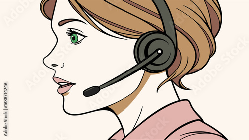 Profile illustration of a woman wearing a headset customer service support agent call center.