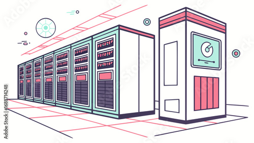 Modern data center with rows of servers and network equipment in a clean minimalist style