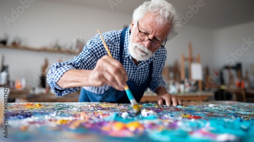 Senior Man Embracing Artistic Expression in a Creative Senior Living Community for Engaging Retirement Activities with Copy Space for Text