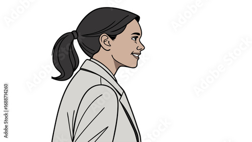 Profile illustration of a smiling woman with dark hair in a ponytail wearing a light gray jacket.
