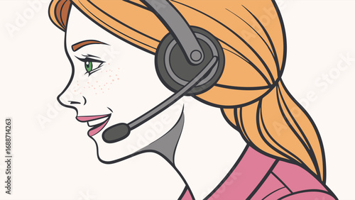 Profile illustration of a woman wearing a headset customer service support agent help desk communication call center online assistance helpline technology business office worker employee portrait ill.