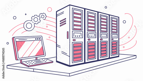 Modern data center with server racks and a computer workstation connected by abstract data flow lines and gears