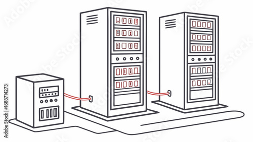 Modern data center with server racks and connected equipment in a clean line art illustration style