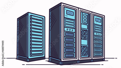Modern server racks with blue accents in a clean minimalist illustration style