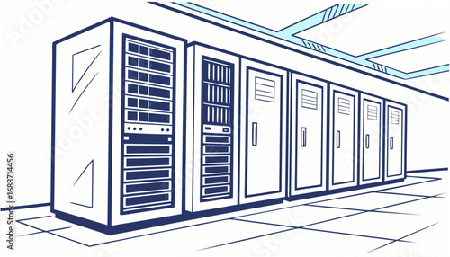 Modern server room with rows of computer racks and data storage cabinets in a clean line perspective