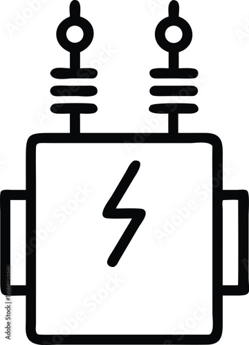 Vector art of a minimalist line art icon representing an electrical transformer, featuring a boxy shape with two prominent insulators on top and a lightning bolt symbol indicating electricity, 