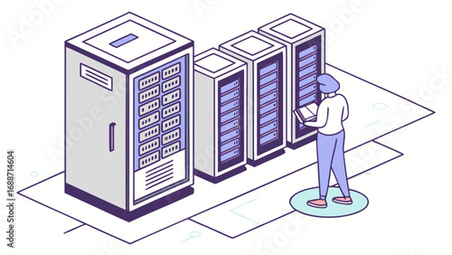 Person working with server racks in a data center isometric illustration style