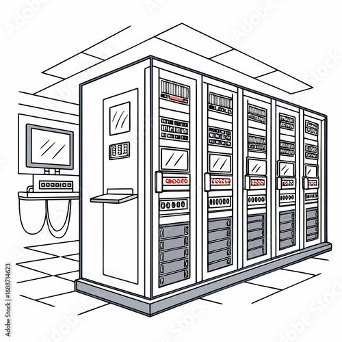 Retro computer server room with large mainframe computers and monitors in a clean modern style illustration