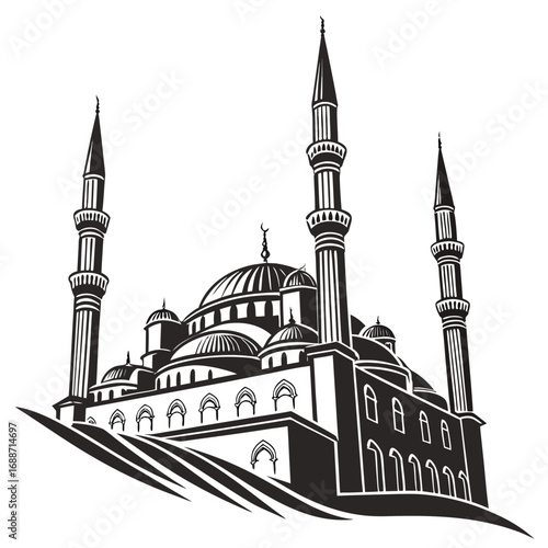 Stylized black and white illustration of a grand mosque with multiple domes and tall minarets against a white background