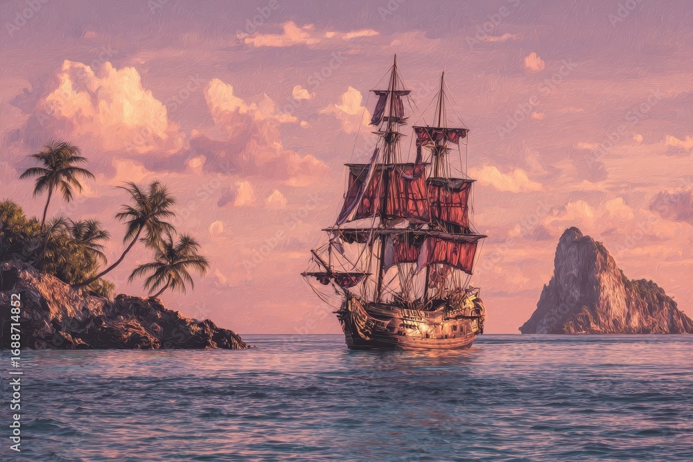 Fototapeta premium Classic Sailboat in Caribbean Waters Near Lush Island at Sunset