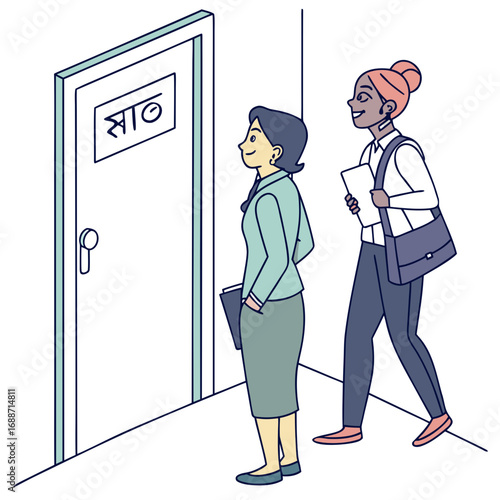 Two professional women waiting outside a door with a sign in bengali script indicating a meeting or office