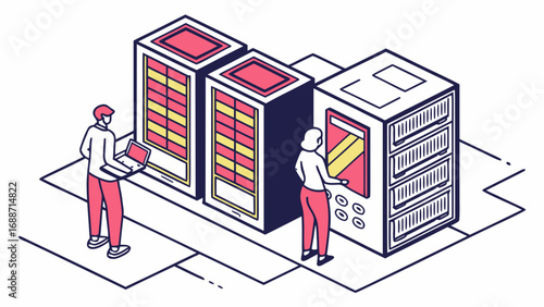Two people working with computer servers in a data center with a laptop and control panel