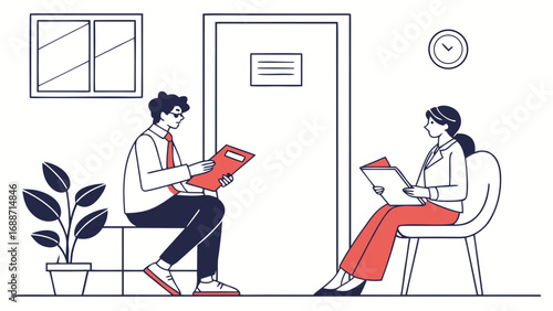 Two professionals in an office waiting area reviewing documents before a meeting or interview