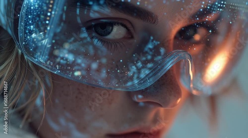 Futuristic portrait of a young woman wearing transparent cyber glasses, neon glow reflections, ultra-realistic face details, sci-fi atmosphere