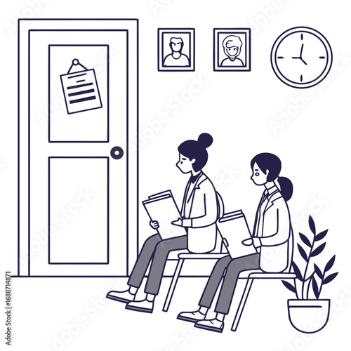 Two women in business attire wait patiently in chairs outside a closed door holding documents