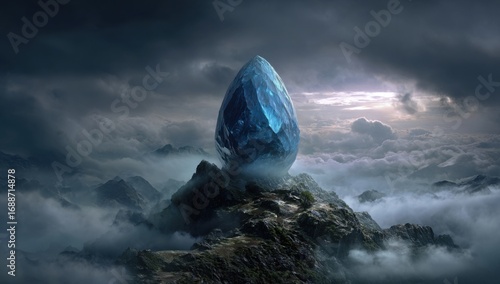 Vast mountaintop,  a  blue  egg-shaped gem