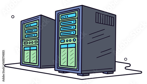Two tall computer server racks with blue and green panels on a white background