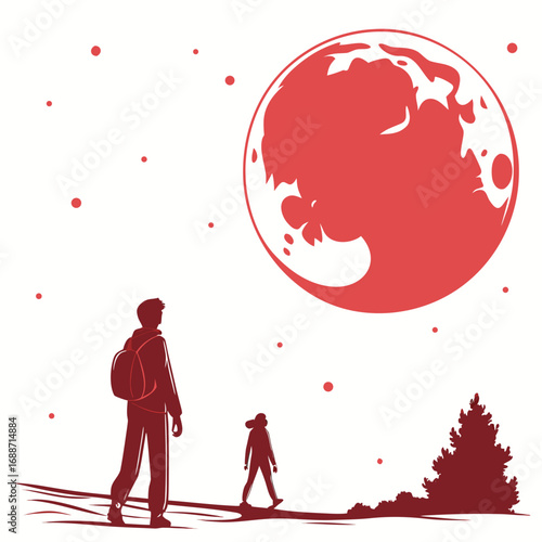 Two silhouetted figures gazing up at a large red moon in a starry night sky