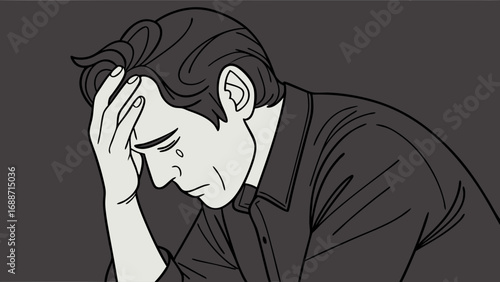 Sad Man Upset Depression Grief Sorrow Crying Mental Health Emotional Distress Line Art Black and White Illustration Vector Graphic Psychology Loneliness Despair Heartbreak Suffering Pain Stress Anxie.