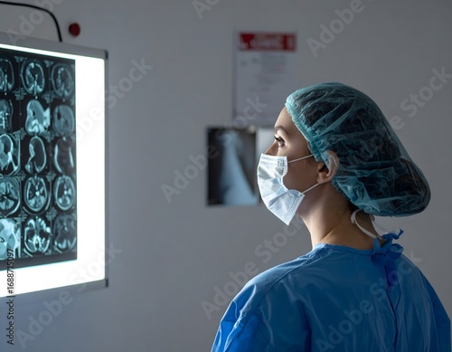 A young surgeon, wearing a surgical mask and a blue surgical gown, stands with their back to the camera, intently studying X-rays on a bright light box. The room is minimalist and slightly dark.