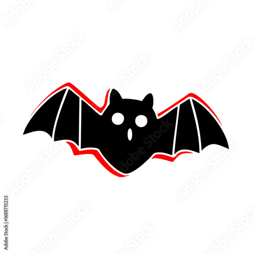 Vector illustration of a black bat with white eyes and red outline, spooky Halloween symbol
