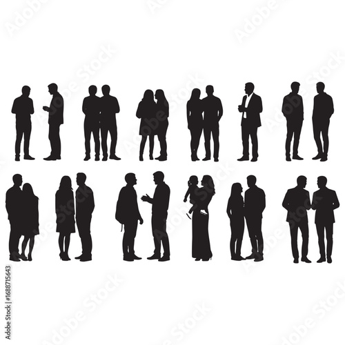 Silhouettes of People Interacting in Pairs and Groups. Talking, Standing, Holding ChilD. Relationship and Communication Concept Vector Set