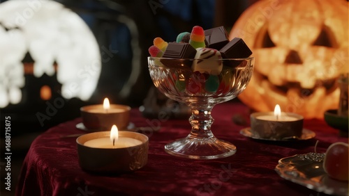 Halloween-themed table setup with a bowl of candy, lit candles, and a carved pumpkin in the background.