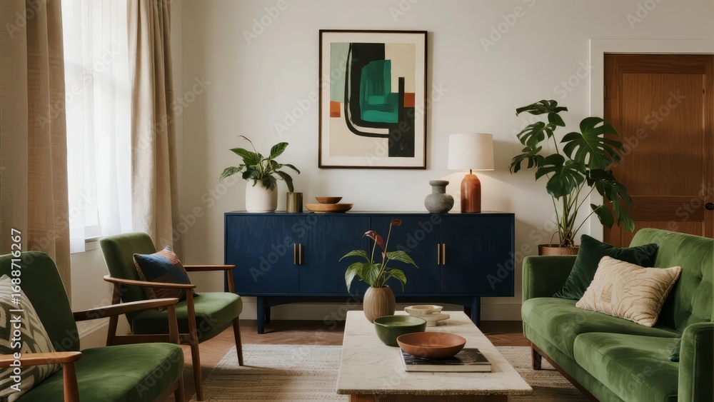 Fototapeta premium Modern Living Room with Green Sofa, Navy Blue Sideboard, and Abstract Art