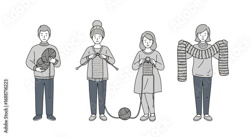 Four stages of knitting process illustration showcasing progress from yarn ball to finished scarf for crafting tutorials and hobbyist guides