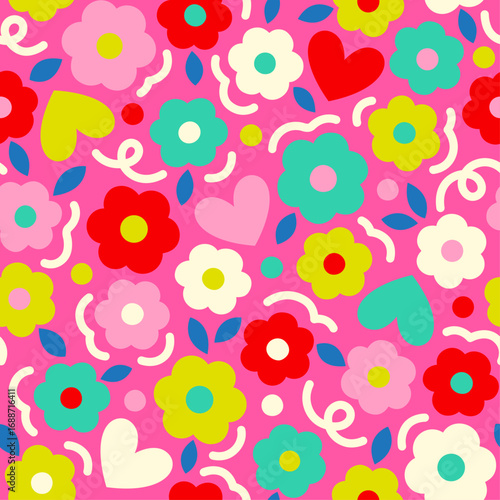 Cute hand drawn floral and heart seamless pattern design for spring season background.