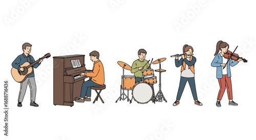 Diverse musicians playing various instruments in a band setting, used for music education, ensemble performance, and cultural appreciation