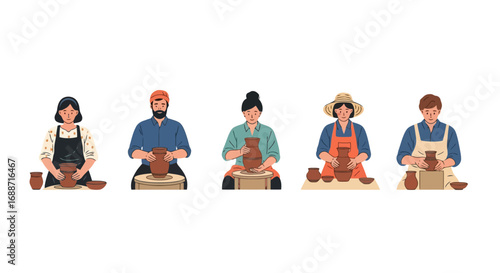 Diverse group of artisans creating pottery on wheels, showcasing the art of ceramics and pottery making. Ideal for art education, crafts, and creative skill development