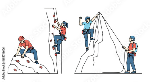Diverse illustrations of individuals engaged in rock climbing, showcasing active lifestyles, adventure pursuits, and recreational fitness activities